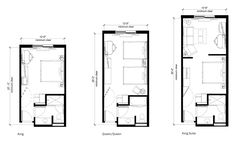 three floor plans showing the size and layout of a bedroom, bathroom, and living room