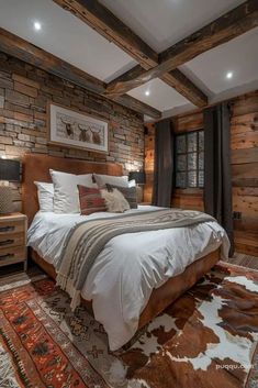 a bed sitting in the middle of a bedroom next to a wooden wall and ceiling