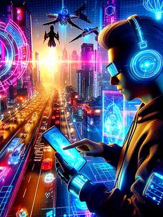 a man with headphones on looking at his cell phone in front of futuristic cityscape