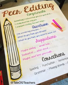 a poster with writing on it that says peer editing and an image of a pencil