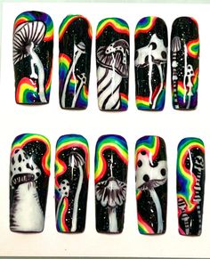 Acid Mushroom Trip Nails to elevate any look! These press ons include a set of 10 hand-painted, high quality tips with professional gel polish. Your order you will come with  - Disposable cuticle pusher  - Buffer - Nail File - Alcohol Prep Pad - Nail Glue & Nail Stickers Press on nails can last for over two weeks maybe even more with proper application and great nail care maintenance. Message me if you are unsure about the size/length. We DO NOT accept cancelation for sizing/length problems that Trip Nails, Mushroom Trip, Pastel Light Blue, Disney Acrylic Nails, Simple Spring Nails, Nails Pretty, Nail Prices, Unique Acrylic Nails, Great Nails