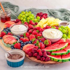 a platter filled with fruit and dips