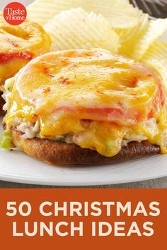 a plate with a sandwich and chips on it that says, 50 christmas lunch ideas