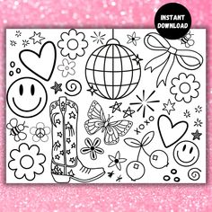 the printable coloring page for valentine's day with hearts, flowers and balloons