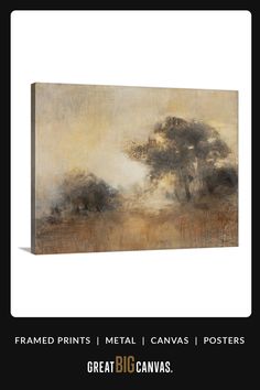 a painting with trees in the background and text that reads framed prints metal canvass posters great big canvass