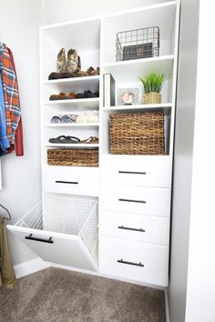 an organized closet with baskets and shoes