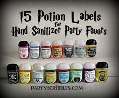 an assortment of hand sanitizer party foods with the words 15 potion labels on it