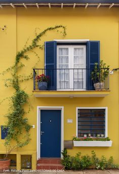 a yellow building with blue shutters and plants growing on the windows sill next to it