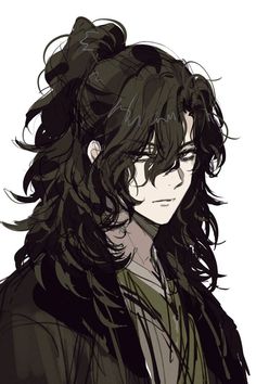 an anime character with long black hair and green eyes, wearing a dark coat over a gray shirt