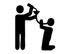 a black and white silhouette of a man holding up a bottle to another person's head