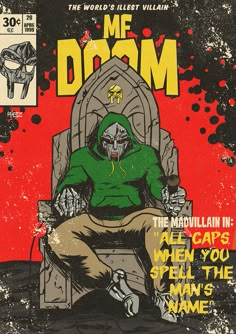 an old comic book cover with a green hooded man sitting on a throne in front of a red background