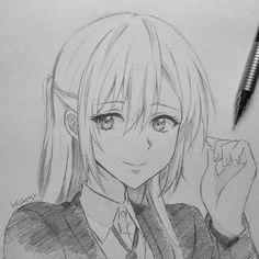 a pencil drawing of a girl with long hair wearing a school uniform and holding her hand up to her ear