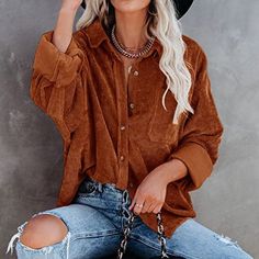 Corduroy Shacket Burnt Orange Pumpkin Rust Long Sleeve Button Up Shirt Never Worn Medium Oversized Corduroy Blouse, Corduroy Top, Leopard Jacket, Lapel Coat, Oversized Blouse, Casual Coat, Jacket Buttons, Casual Blouse, Look Chic