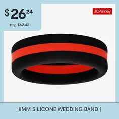 an advertisement for a wedding band with red and black bands on the front, and two different color bands on the back