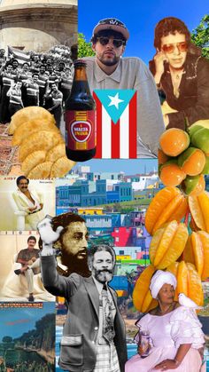 the collage has many different pictures and people in it, including oranges, bananas,