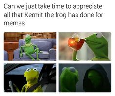 kermie the frog meme with caption that reads, can we just take time to appreciate all that kernt the frog has done for memes