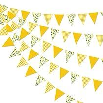 a yellow and white party banner with buntings on it's sides, in the shape of triangles