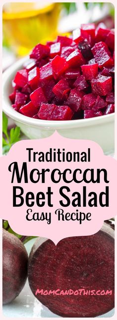 beet salad with text overlay that reads traditional moroccan beet salad easy recipe