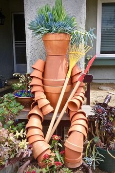 a large potted plant sitting on top of a wooden stand next to other plants