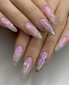 Sparkly Abstract Nails, Whimsical Acrylic Nails, Dope Nails Almond, Irridecent Design Nails, Chrome Butterfly Nails, 21st Nails, Cybercore Nails, Sept Nails, Korean Glass Nails