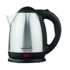 a silver and black electric kettle on a white background