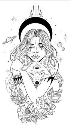 a woman holding a wolf in her arms with flowers around her neck and stars above her head