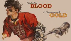 a drawing of a man holding a hockey stick with the words blood and golemt with gold on it