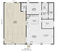 the floor plan for a two bedroom house with an attached garage and living room area