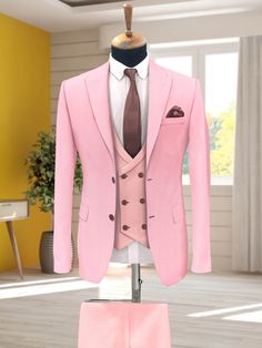 Pink Three Piece Suit Men, Pink Tucks For Men, Suit Prom, Suits Groom, How To Tie Shoes, Formal Fashion