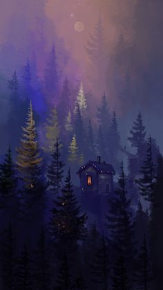 a painting of a cabin in the middle of a forest at night with lights on