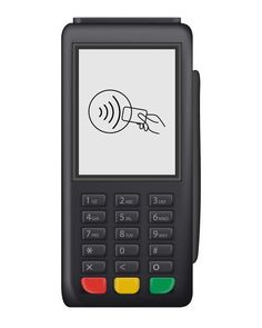 an image of a cell phone with a drawing on the screen that has a hand holding a button