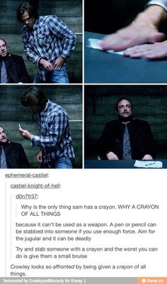 I just noticed that guys...XD #a Crayon for Crowley Impala 67, Supernatural Fandom, Sam Winchester, Jared Padalecki