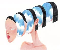 a drawing of three women with their heads covered in blue and white hair covering them