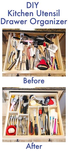 an open drawer filled with kitchen utensils before and after being organized by the owner