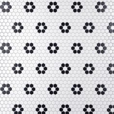 black and white hexagonal tiles with flowers in the middle, on a wall