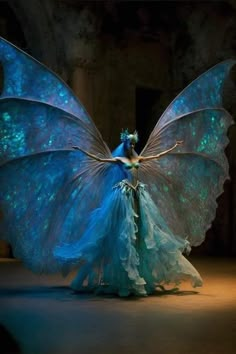 a woman dressed as a fairy with blue wings and glowing lights on her body is standing in the dark