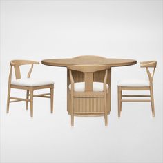 the table and chairs are all made out of wood with white upholstered seats