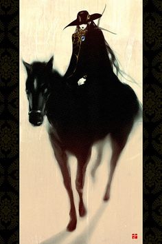 a woman riding on the back of a black horse