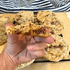 a hand holding an oatmeal chocolate chip cookie