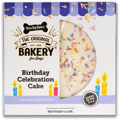 the original bakery birthday celebration cake with sprinkles and frosting is in its box