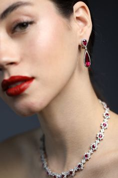 Fantasia by Deserio red CZ teardrop drop earrings. Top 8.5 x 5.5mm, Bottom 19.8 x 6.5mm 14k gold plated sterling silver Red Frock, Red Jewel, Jeweled Earrings, Marissa Collections, Red Gowns, Red Jewelry, Red Diamond, Red Hot, Gold Plated Sterling Silver