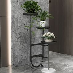 three tiered plant stand with potted plants on it in front of a wall