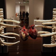 an art exhibit with several pieces of human body and bones in the foreground, including two heart - shaped vases