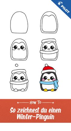 the instructions for how to draw an adorable penguin in winter - themed hats and mittens