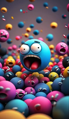 a bunch of balls that are in the air with one eye open and tongue out