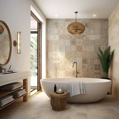 a bathroom with a large bathtub next to a sink and mirror on the wall