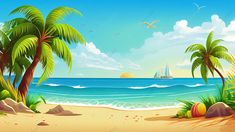 a beach scene with palm trees and a sailboat in the distance, on a sunny day