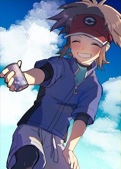 an anime character holding a drink in his hand and pointing to the sky with clouds behind him