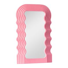 a pink mirror with wavy lines on the front and back of it, against a white background