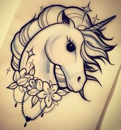 a drawing of a white horse with flowers around it's neck and manes